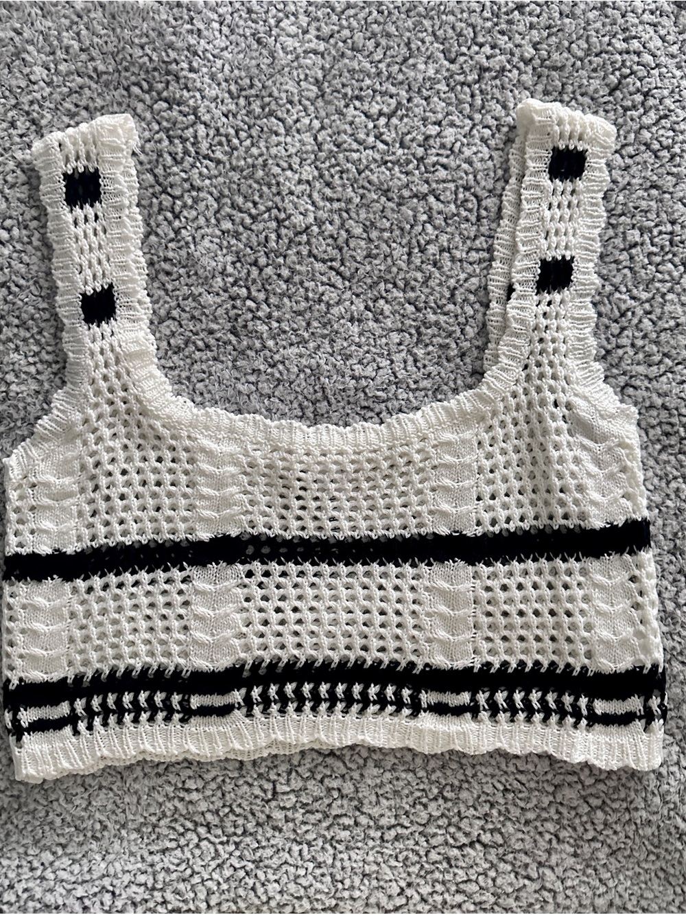 Crochet Square-Neck Crop Top in White with Black Accents